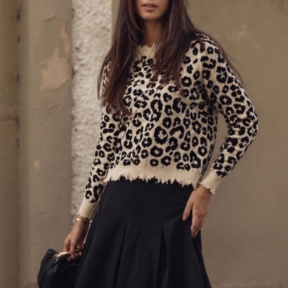 Staccato Black/Cream Distressed Long Sleeve Cheetah Print Sweater